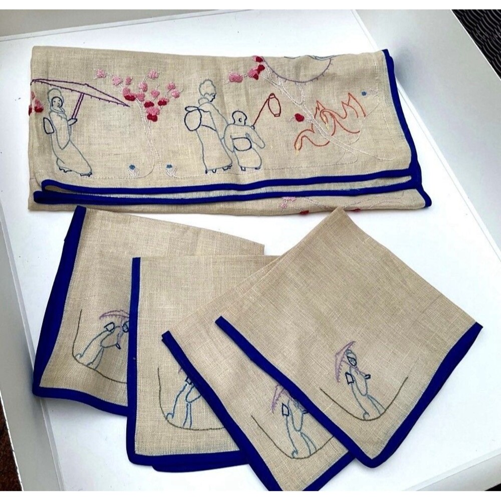 Vintage 1950s Asian Embroidered Linen Tablecloth 4 Napkins Blue Trim Figures 35"